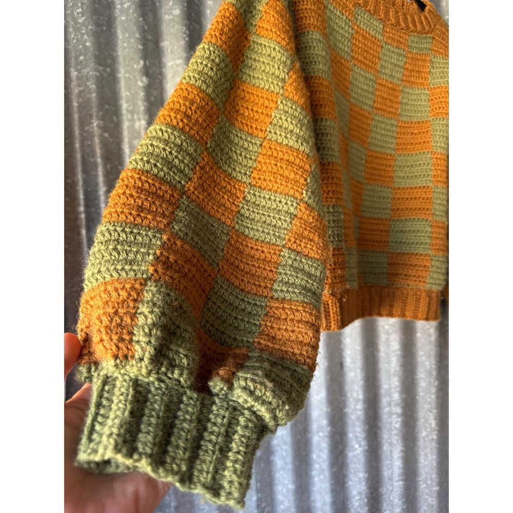 Vintage Handmade Crochet Knit Checkerboard Sweater Orange Green Balloon Sleeve - Picture 5 of 10